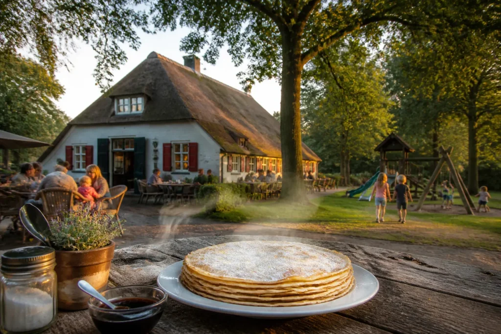 authentieke pannenkoekenboerderij met rieten dak in drents landschap en een tafel met pannenkoeken op het terras