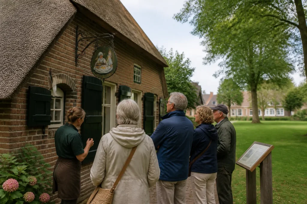 bezoekers bestuderen een pannenkoekenboerderij met rieten dak en informatief bord aan een groene brink