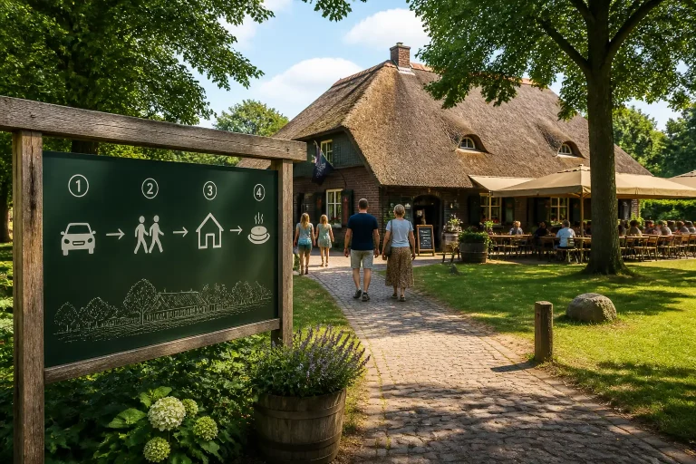 authentieke pannenkoekenboerderij met rieten dak aan groene brink en bezoekers die de bewegwijzerde route naar de ingang