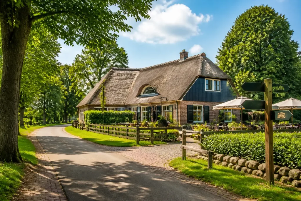 rietgedekte pannenkoekenboerderij aan een groene brink gezien vanaf een dorpsweg met boomrij
