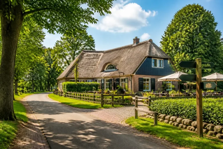 rietgedekte pannenkoekenboerderij aan een groene brink gezien vanaf een dorpsweg met boomrij