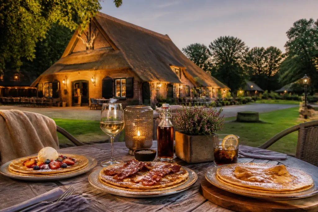 authentieke pannenkoekenboerderij met rieten dak en sfeervol gedekte buitentafel met pannenkoeken aan een groene brink
