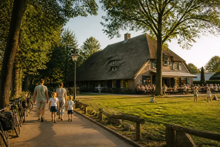 authentieke pannenkoekenboerderij met rieten dak aan een groene brink met terrasgasten en spelende kinderen