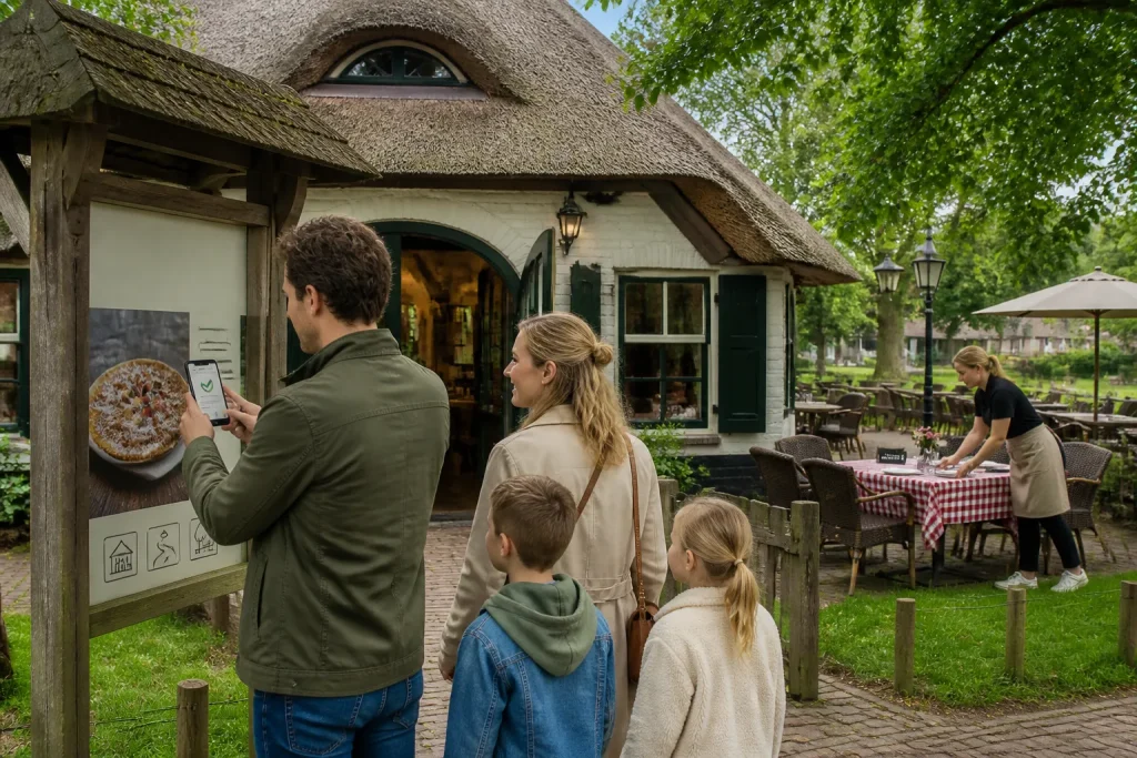 gezin dat bij een pannenkoekenboerderij op een groene brink online de reservering afrondt