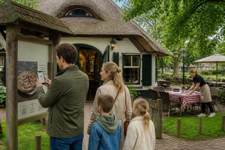 gezin dat bij een pannenkoekenboerderij op een groene brink online de reservering afrondt