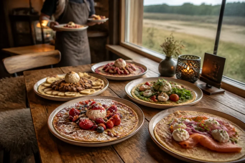assortiment goudbruine pannenkoeken op rustieke houten tafel bij raam met uitzicht op drents landschap