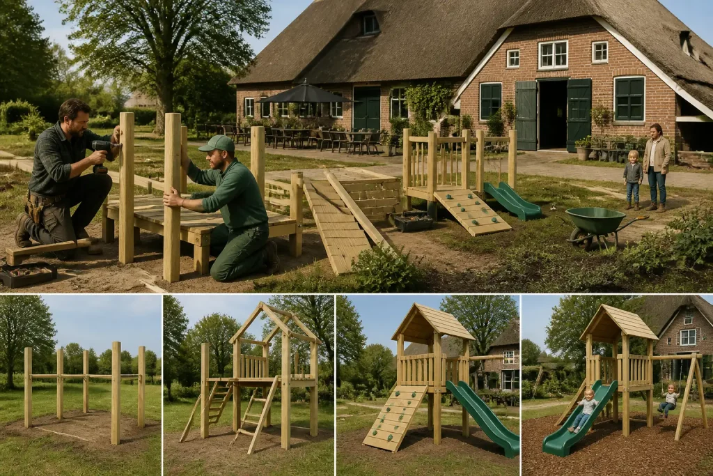 timmerman en hovenier bouwen houten speeltuin naast drentse boerderij met terras terwijl ouder en kind toekijken