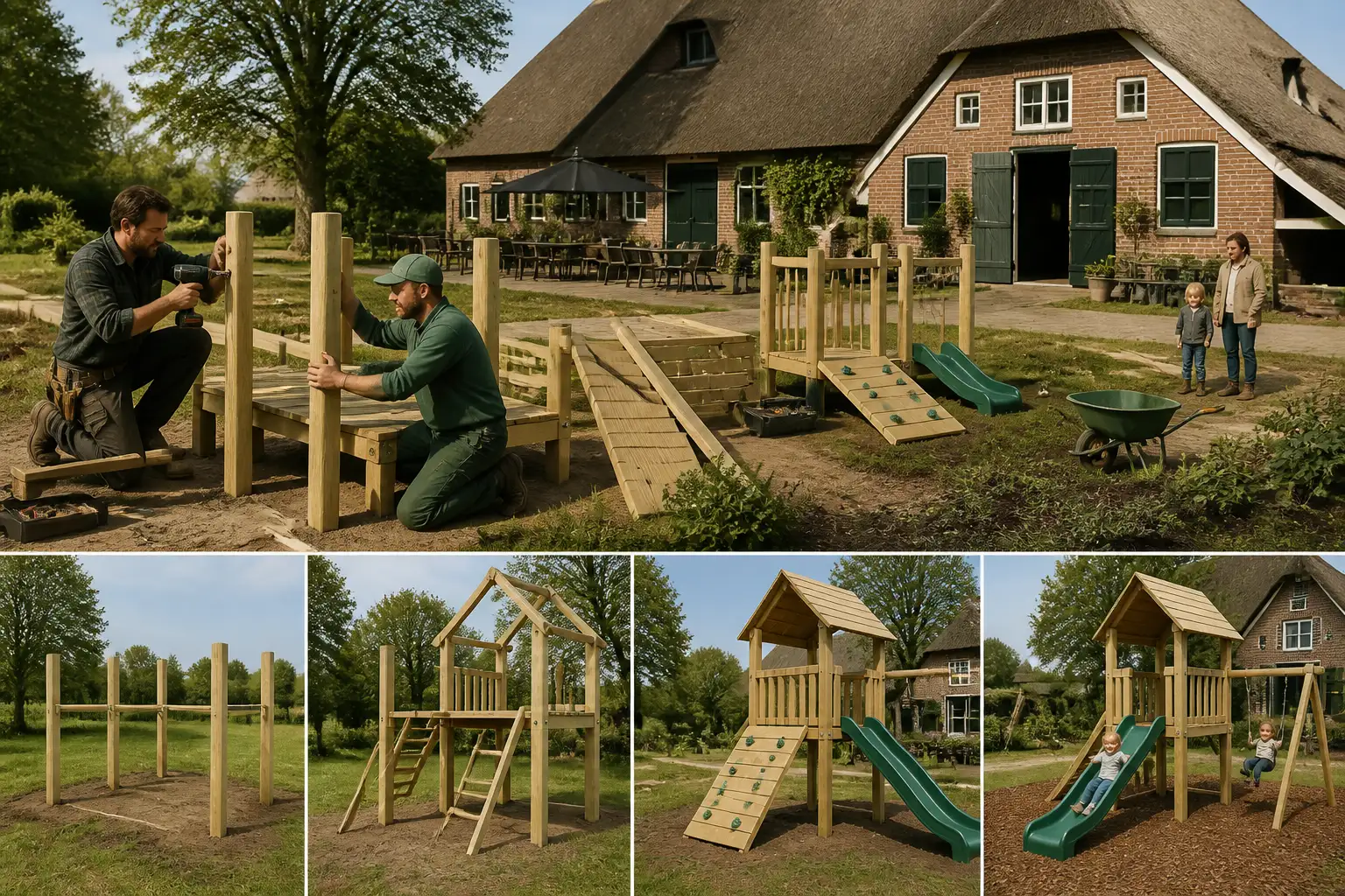 timmerman en hovenier bouwen houten speeltuin naast drentse boerderij met terras terwijl ouder en kind toekijken