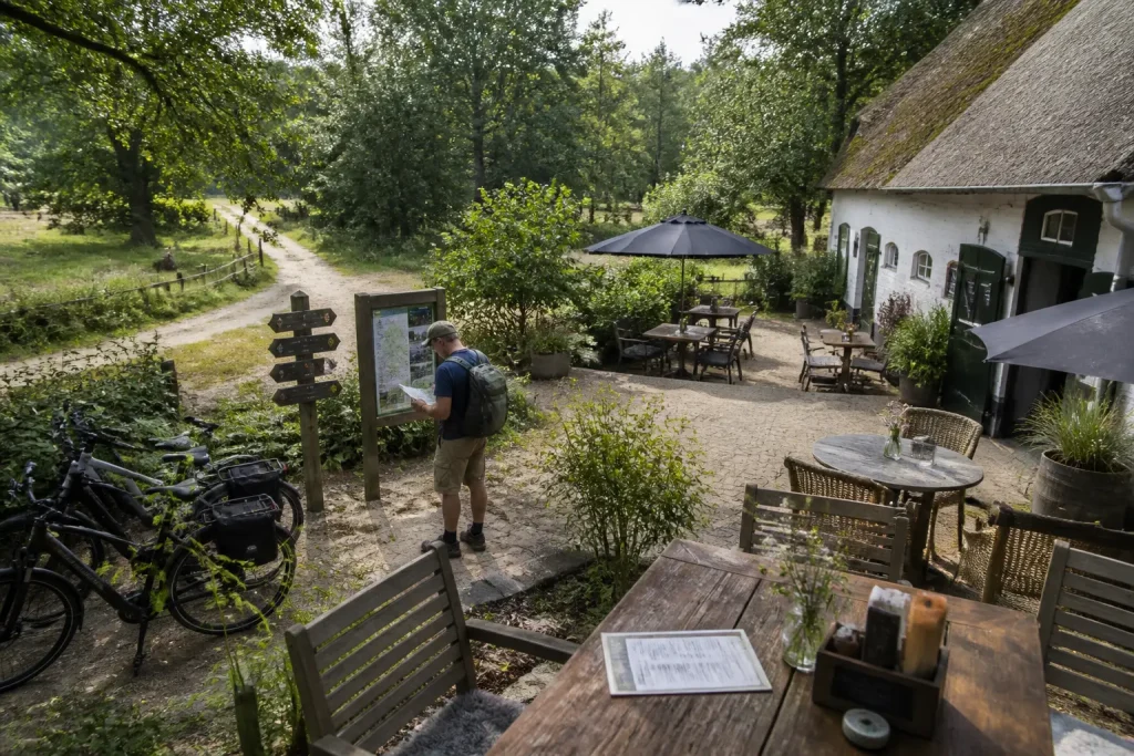 terras bij drentse boerderij met geparkeerde fietsen en wandelaar die menukaart en routebordjes bekijkt