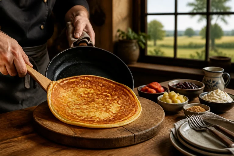 kok schuift goudbruine pannenkoek uit de pan op rustieke houten plank met raam en Drents landschap op de achtergrond