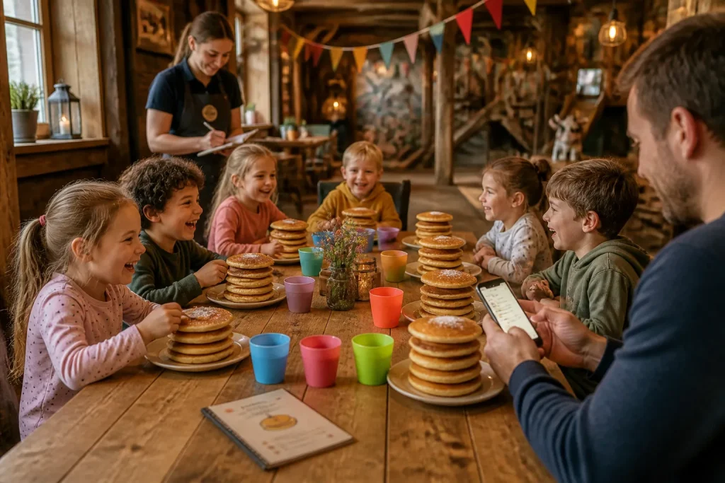 kinderen aan een lange houten boerderijtabel vol pannenkoeken terwijl een ouder via smartphone het kinderfeestje boekt