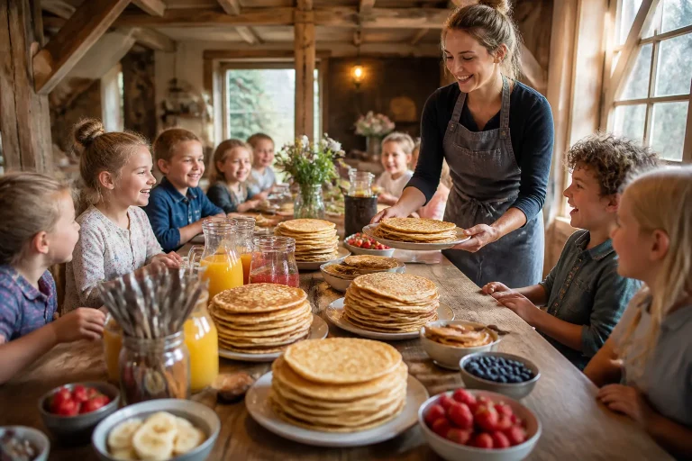 lange houten boerderijtabel vol pannenkoeken en toppings waar kinderen feestelijk aan zitten