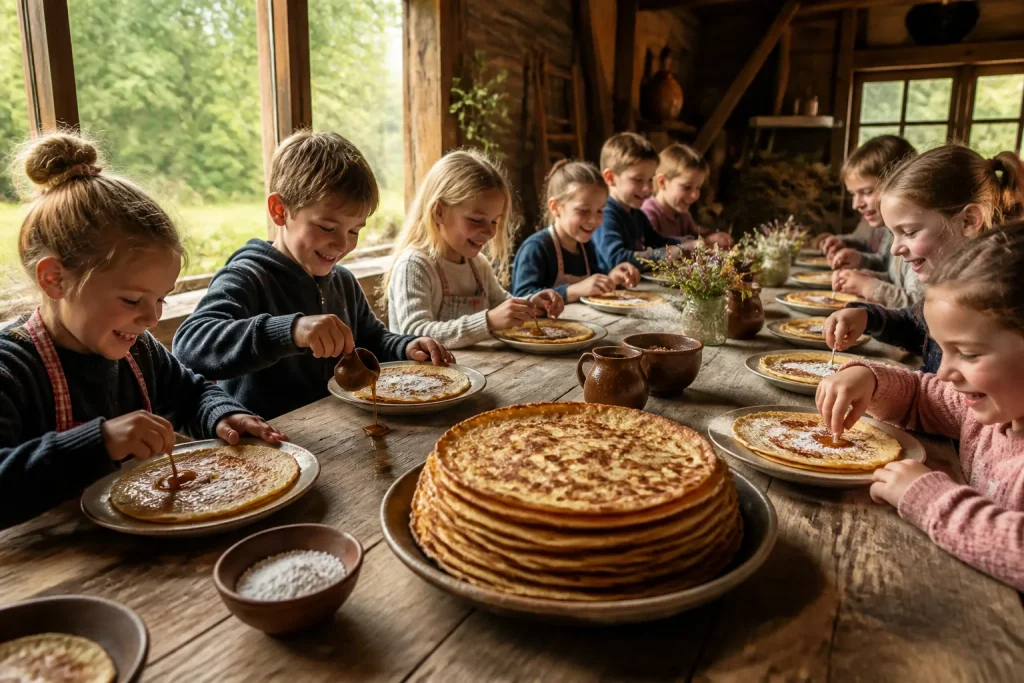 kinderen versieren pannenkoeken aan een houten tafel in een gezellige boerderij in het groen