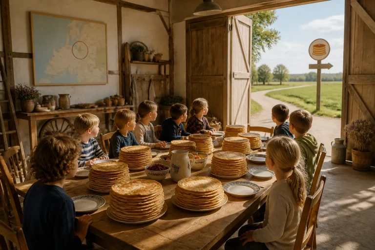kinderen aan lange houten boerderijtabel met pannenkoeken en op de achtergrond een bord met kaart van omgeving haren