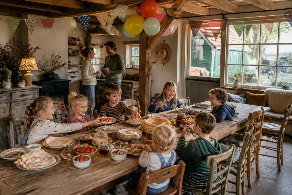 kinderen vieren verjaardag aan lange houten tafel vol pannenkoeken in een boerderijachtige woonkamer