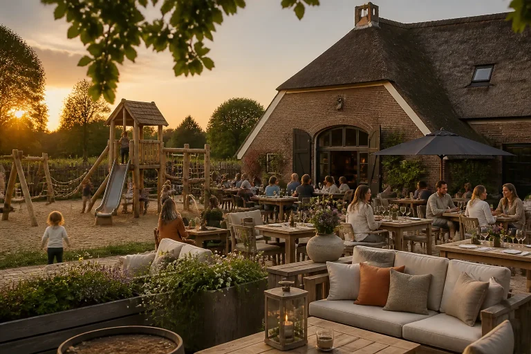 kinderen spelen in een houten speeltuin naast een drentse boerderij terwijl ouders op het sfeervolle terras zitten