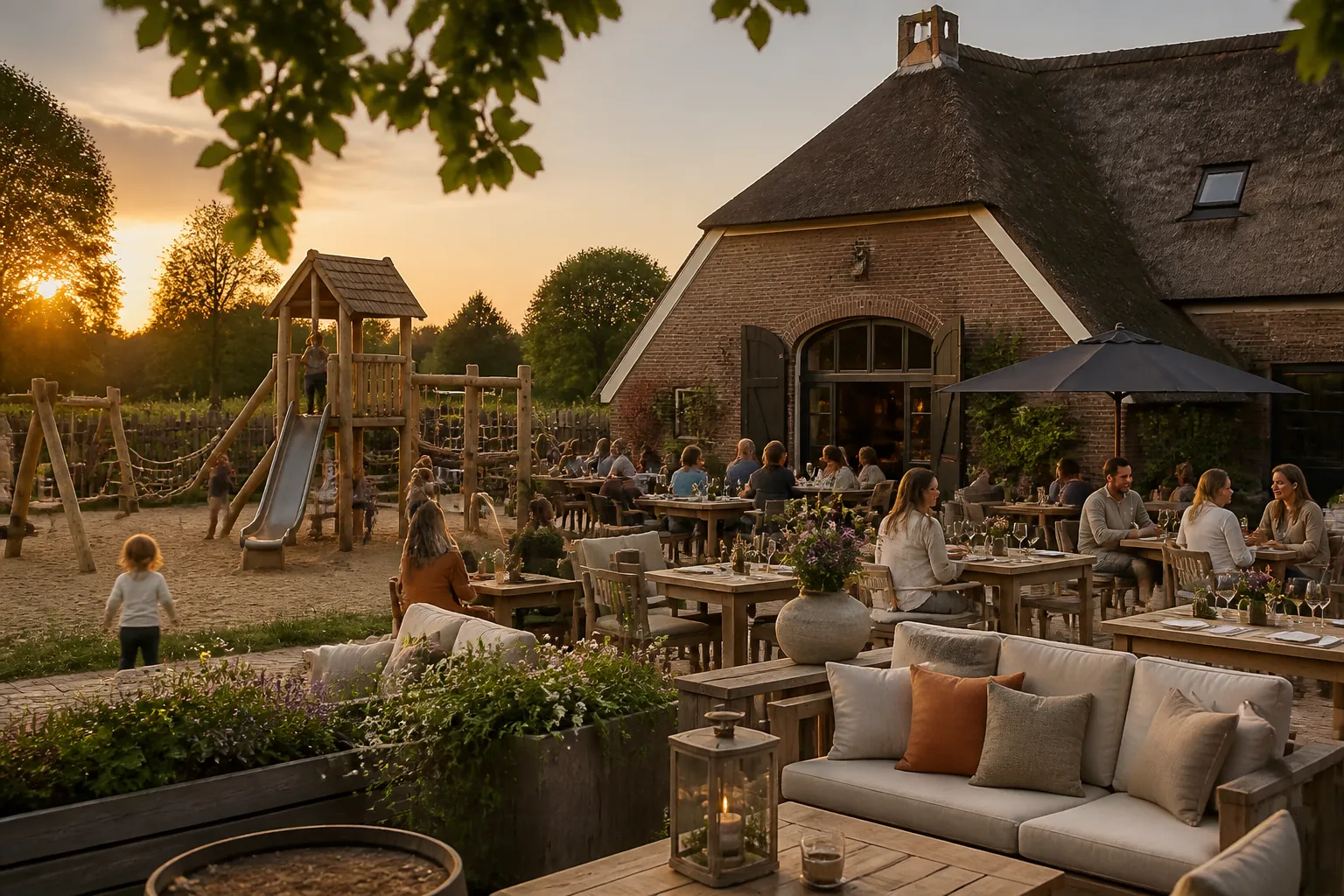kinderen spelen in een houten speeltuin naast een drentse boerderij terwijl ouders op het sfeervolle terras zitten