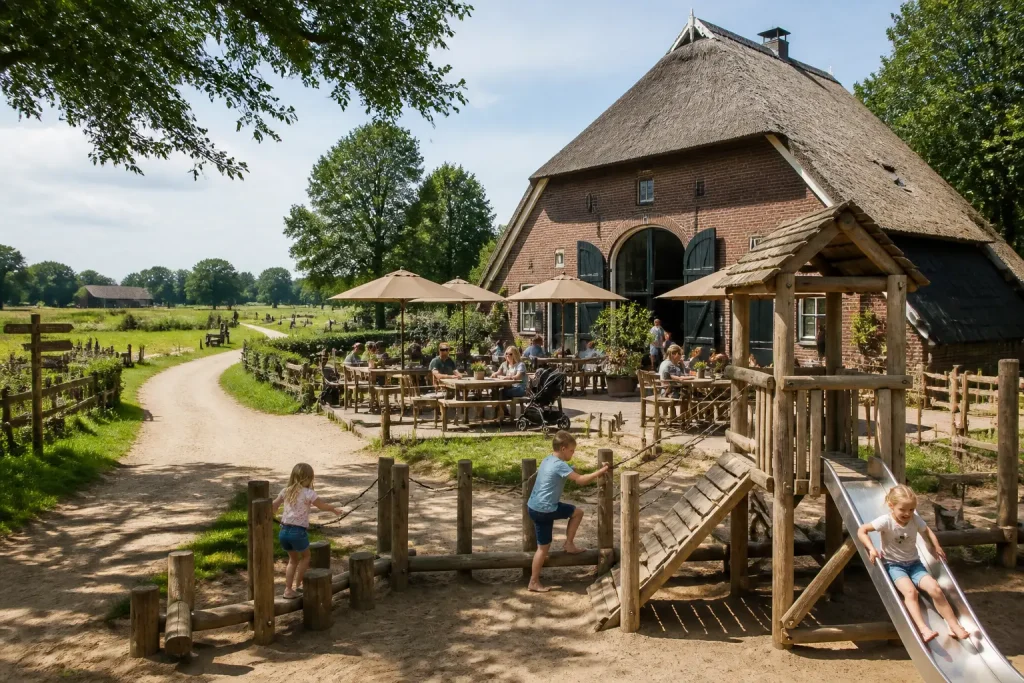 gezinnen op het terras bij een drentse boerderij terwijl kinderen spelen in een houten speeltuin
