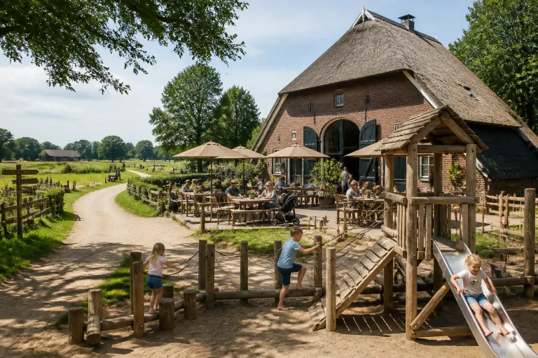 gezinnen op het terras bij een drentse boerderij terwijl kinderen spelen in een houten speeltuin