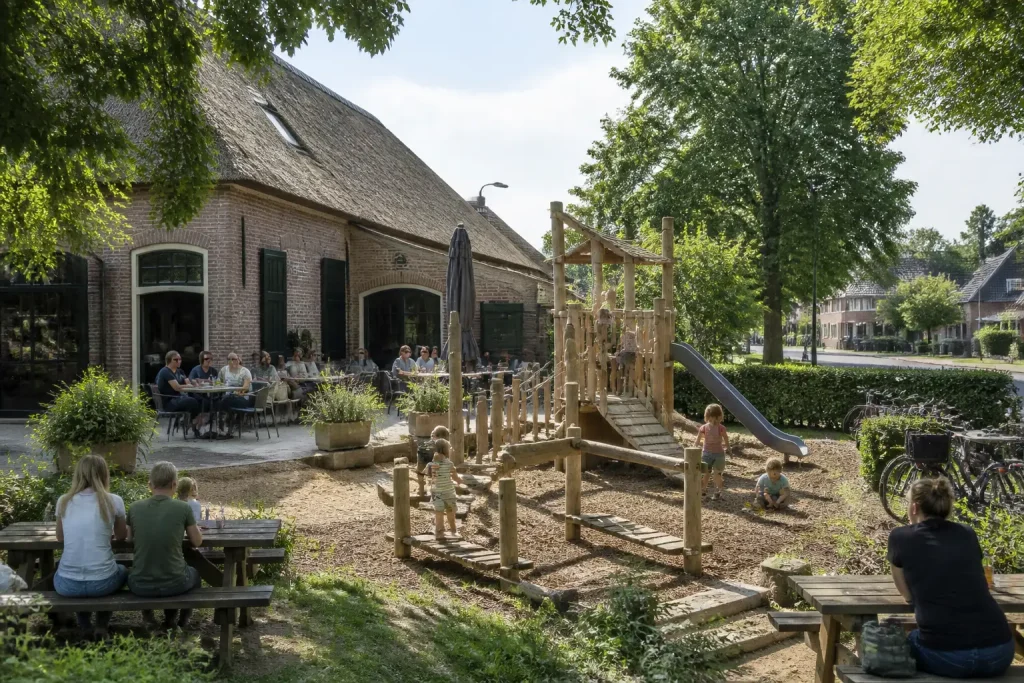 houten speeltuin bij Drentse boerderij waar kinderen spelen en ouders op het terras en bij picknicktafels zitten