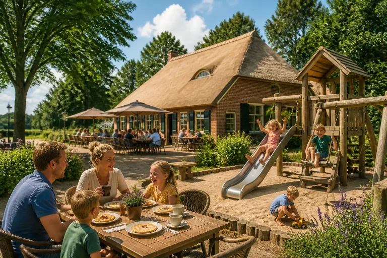 kinderen spelen in houten speeltuin bij Drentse boerderij terwijl ouders pannenkoeken eten op terras