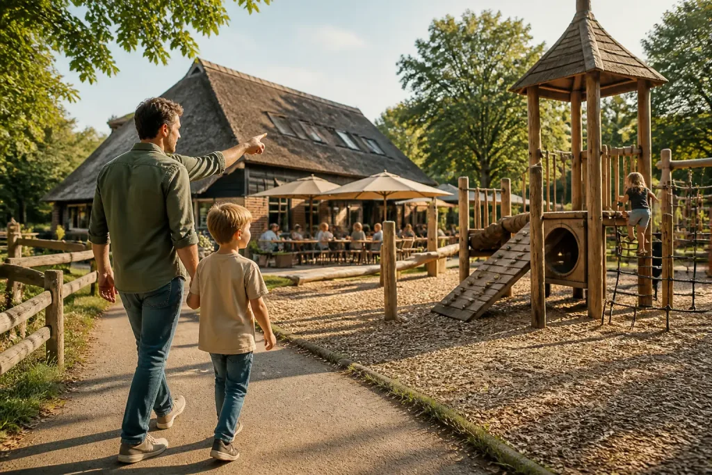 ouder en kind bekijken samen een houten speeltuin naast een Drentse boerderij met terras