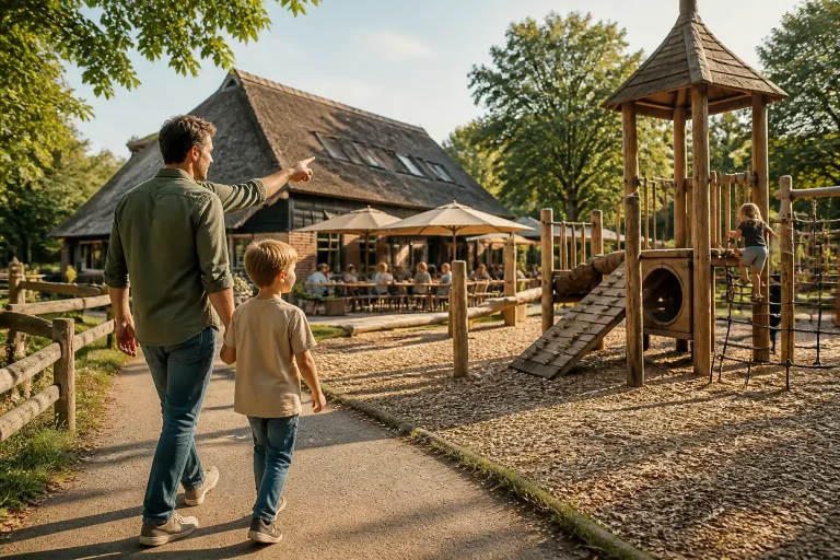 ouder en kind bekijken samen een houten speeltuin naast een Drentse boerderij met terras