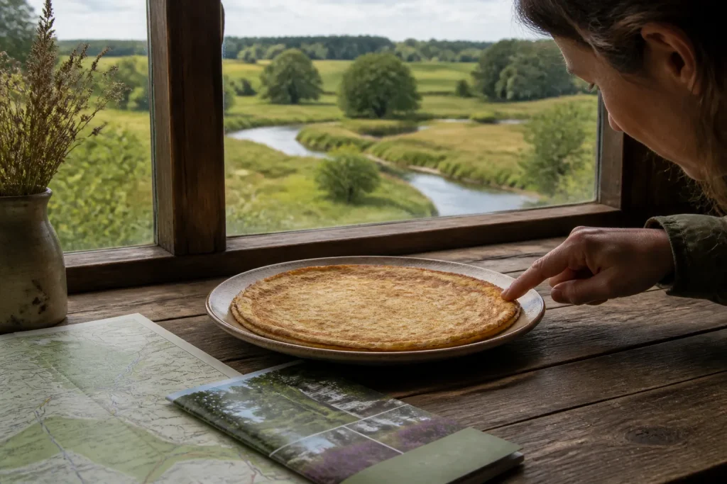 goudbruine pannenkoek op houten tafel bij raam, met hand die wijst en drents landschap op de achtergrond