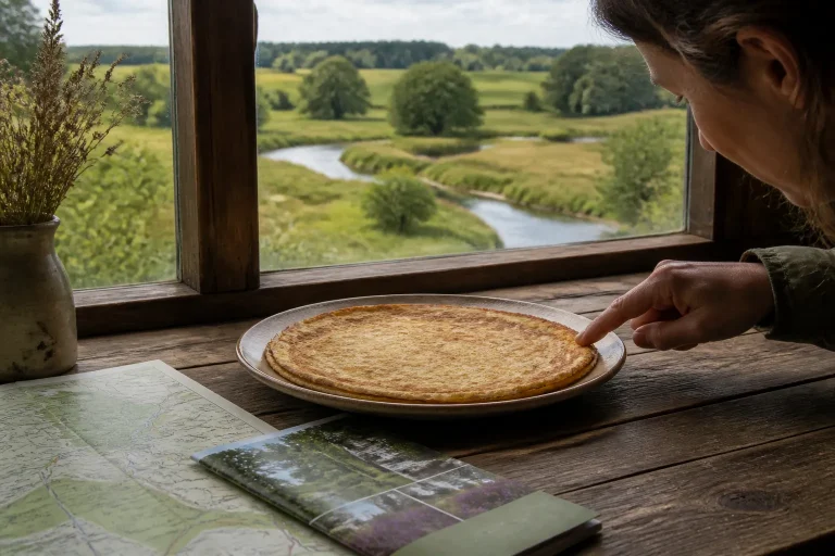 goudbruine pannenkoek op houten tafel bij raam, met hand die wijst en drents landschap op de achtergrond