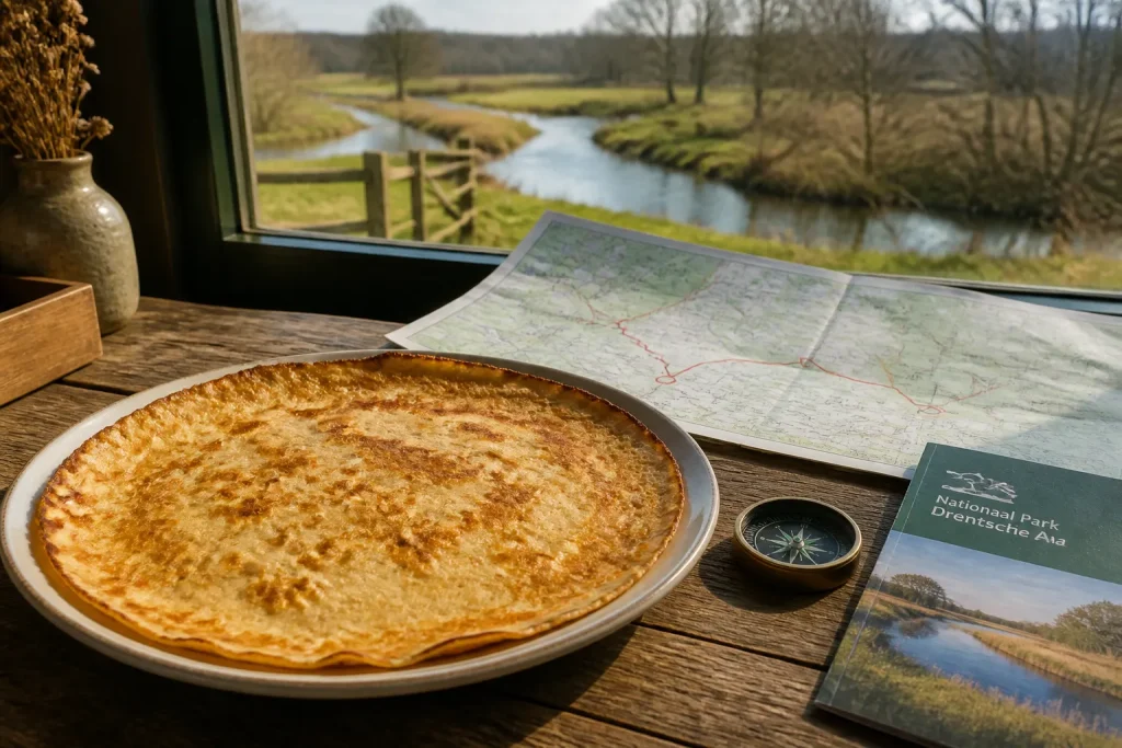 goudbruine pannenkoek op houten tafel bij raam met kaart en kompas in drents landschap
