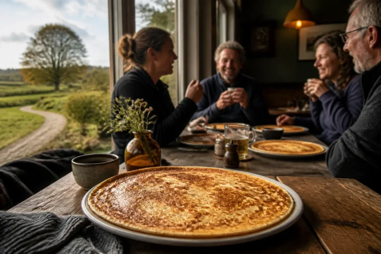 gezelschap aan houten tafel bij raam met uitzicht op drents landschap en goudbruine pannenkoeken