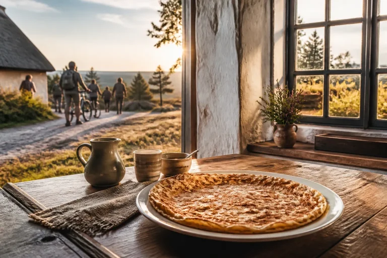 goudbruine pannenkoek op houten tafel in boerderijrestaurant met uitzicht op drentsche aa landschap