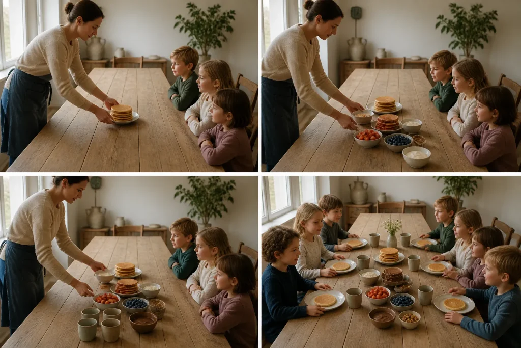 lange houten tafel met pannenkoeken en kinderen terwijl een volwassene stap voor stap het kinderfeestje voorbereidt