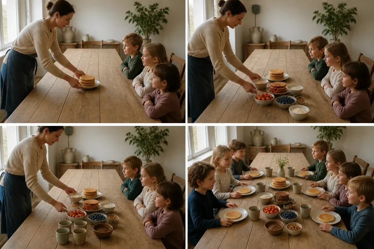 lange houten tafel met pannenkoeken en kinderen terwijl een volwassene stap voor stap het kinderfeestje voorbereidt