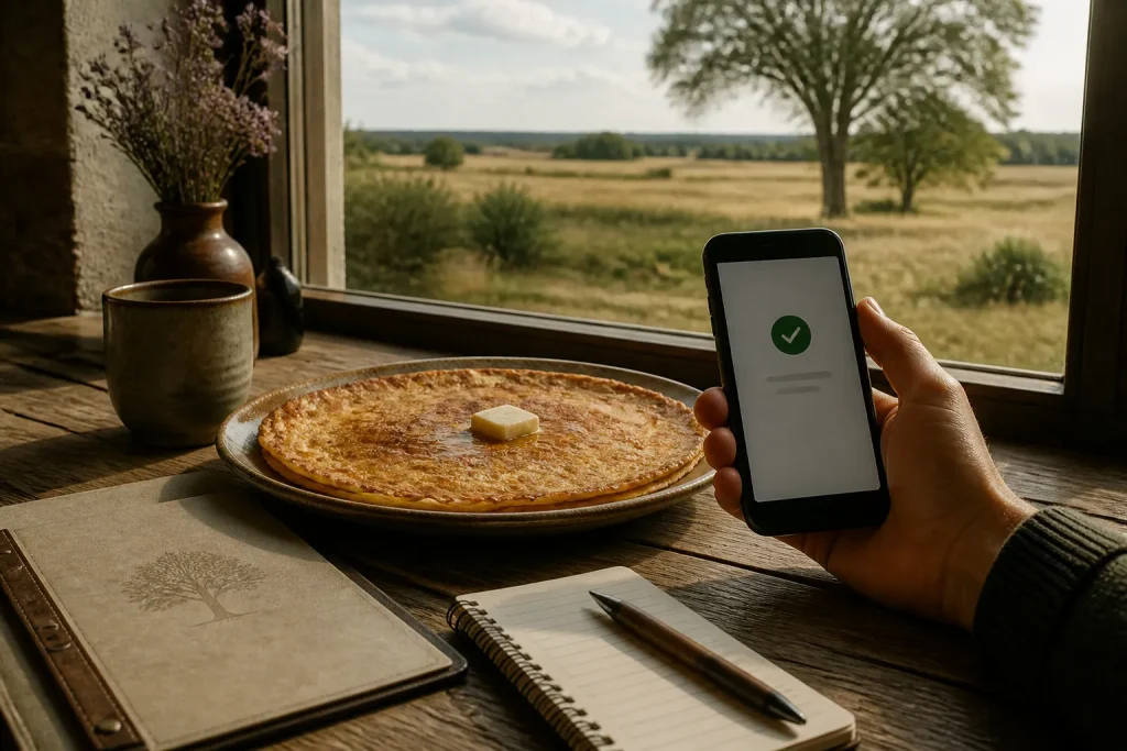 hand bevestigt via smartphone een tafelreservering naast een goudbruine pannenkoek bij raam met drents landschap