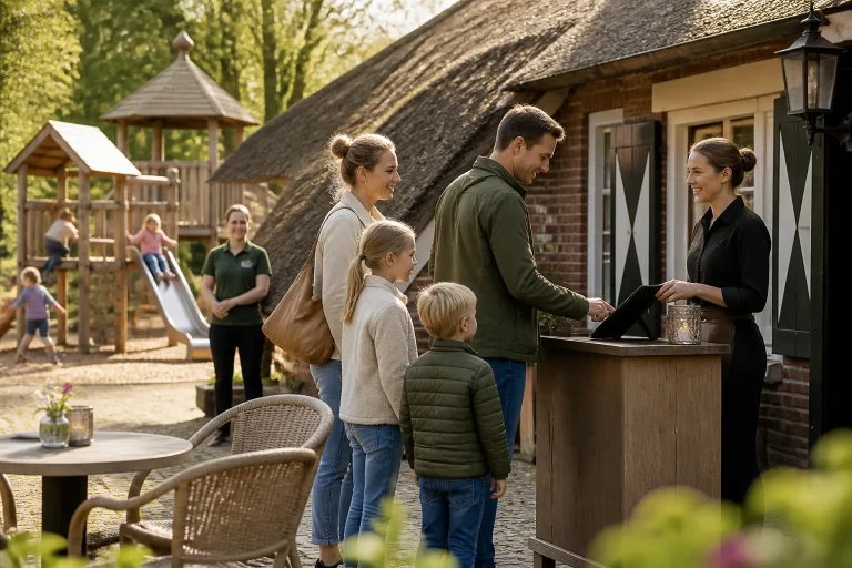 ouder die bij de boerderij met terras naast de houten speeltuin een tafelreservering bevestigt terwijl kinderen spelen