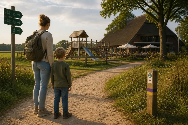 ouder en kind volgen een wandelroute langs een houten speeltuin bij een Drentse boerderij met terras