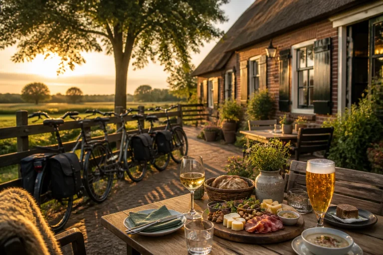 rustig terras bij een drentse boerderij met geparkeerde fietsen en sfeervol opgedekte tafels