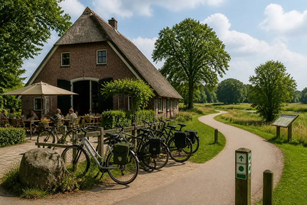 rustig terras bij een drentse boerderij langs een fietspad met geparkeerde fietsen en een routepaaltje