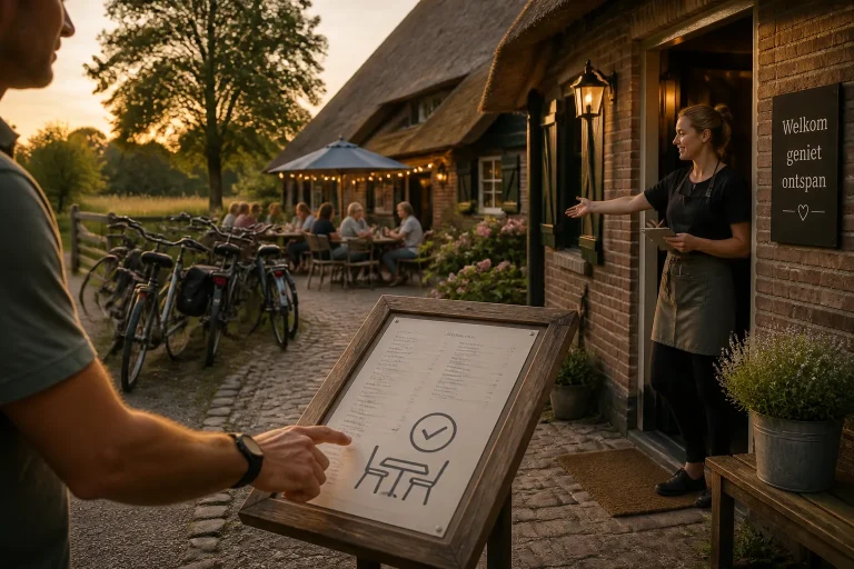rustig terras bij drentse boerderij waar gast bij ingang een tafel reserveert